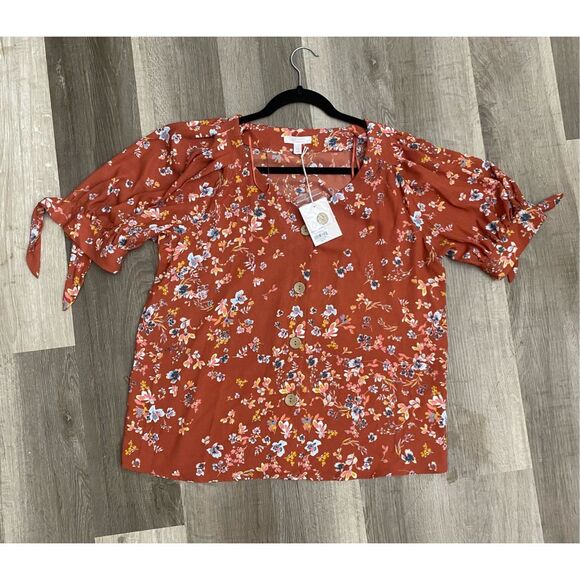 Lc Lauren Conrad NWT V-Neck Button-Front Floral Blouse, Sz Medium, MSRP $44 - Picture 8 of 9